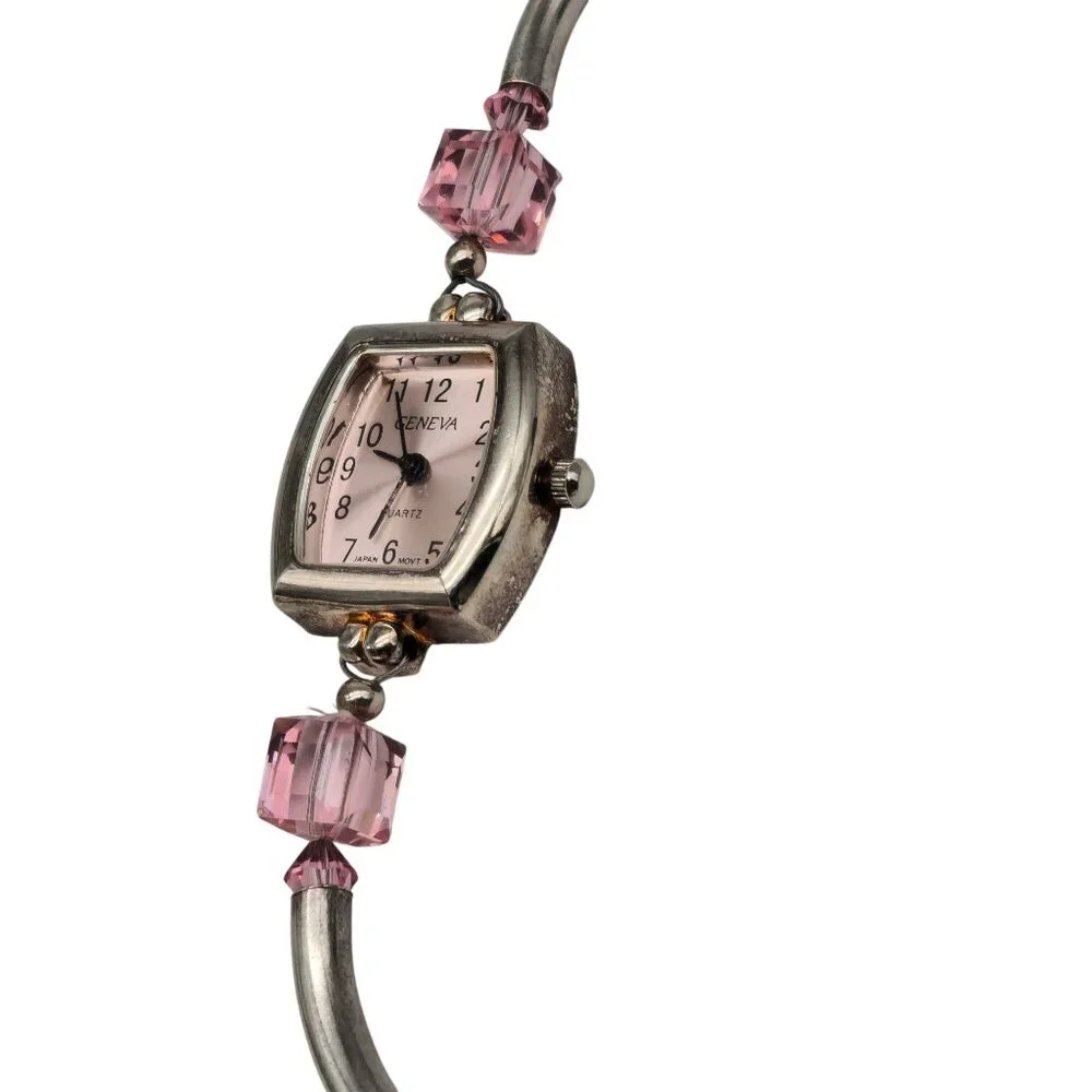 Geneva 925 Sterling Silver Quartz Watch Pink Beaded Bracelet Butterfly Charm